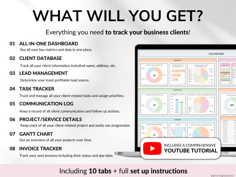 Client Tracker Spreadsheet for Small Business w/ Task Tracker Customer CRM Dashboard Google Sheets Excel Lead Management Invoice Tracker