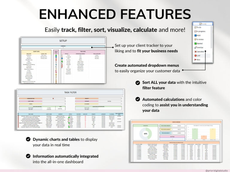 Client Tracker Spreadsheet for Small Business w/ Task Tracker Customer CRM Dashboard Google Sheets Excel Lead Management Invoice Tracker