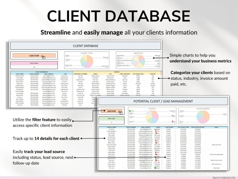 Client Tracker Spreadsheet for Small Business w/ Task Tracker Customer CRM Dashboard Google Sheets Excel Lead Management Invoice Tracker